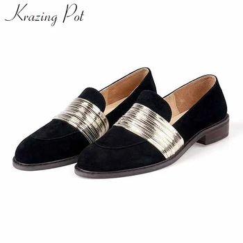 

Krazing pot big size soft sheep leather mixed colors metal decorations fashion loafers shoes round toe slip on women pumps L11