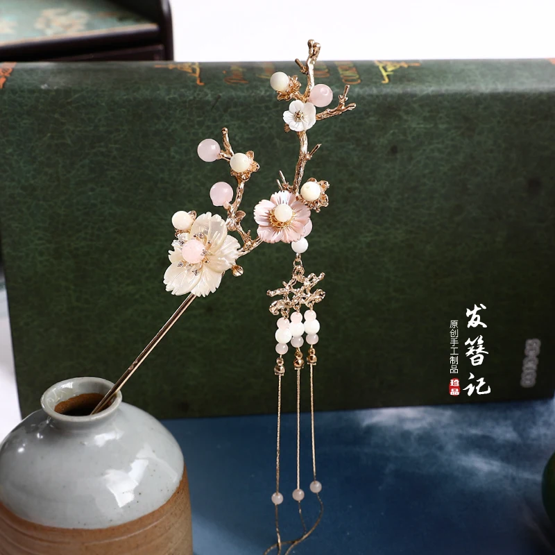 Китайская винтажная розовая ракушка с кисточками цветы шпилька для волос ручной работы волосы палочки для волос Аксессуары Головные уборы для ханьфу кимоно косплей 1 шт