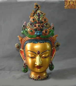 

wedding decoration Tibetan Buddhism bronze Gilt Inlay gem Tara Kwan-Yin goddess Buddha head statue