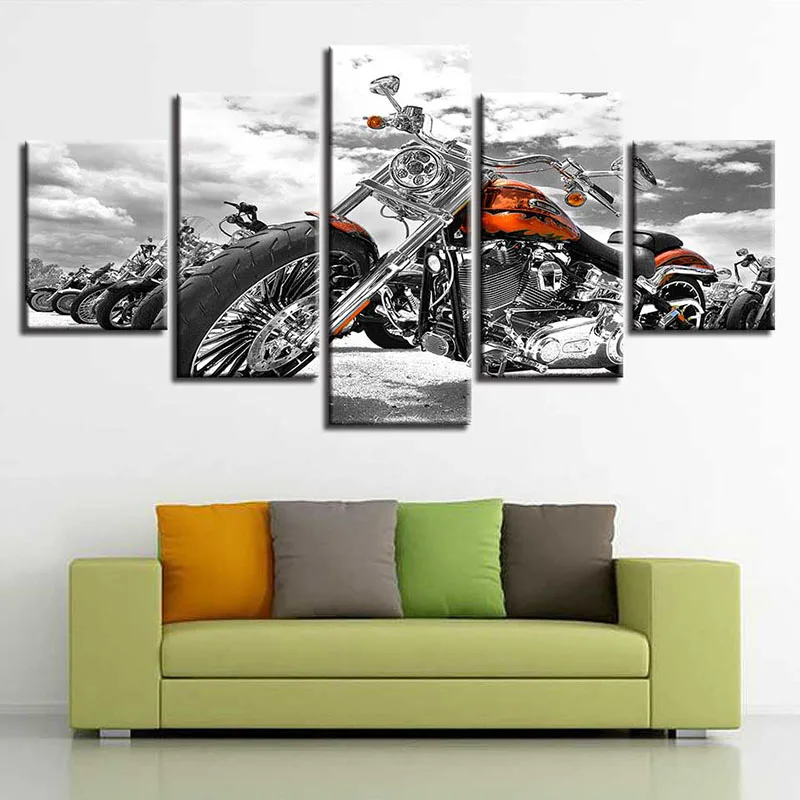 Modular Prints Wall Art Framed 5 Pieces Motorcycle Black And White Painting Canvas Pictures Poster Decor Living Room Or Bedroom | Дом и сад