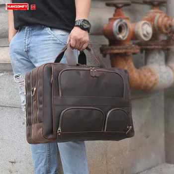 

Men's Bag Men Handbag Male Large Capacity Briefcases European and American Retro Style Multi-pocket Business Crazy Horse Leather