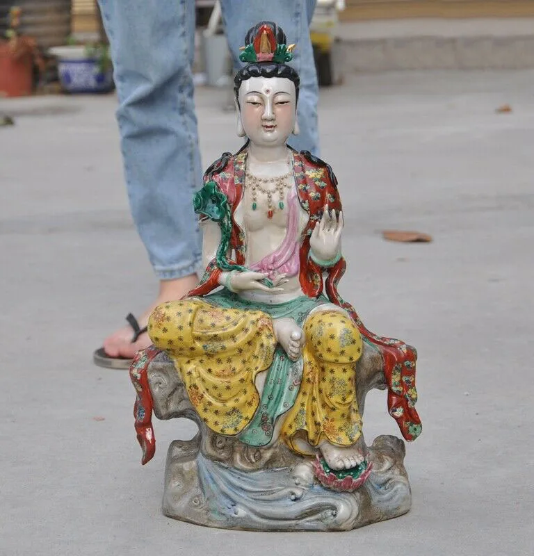 

wedding decoration 18"China Wucai porcelain Gilt Freedom Kwan-Yin GuanYin Bodhisattva Buddha statue