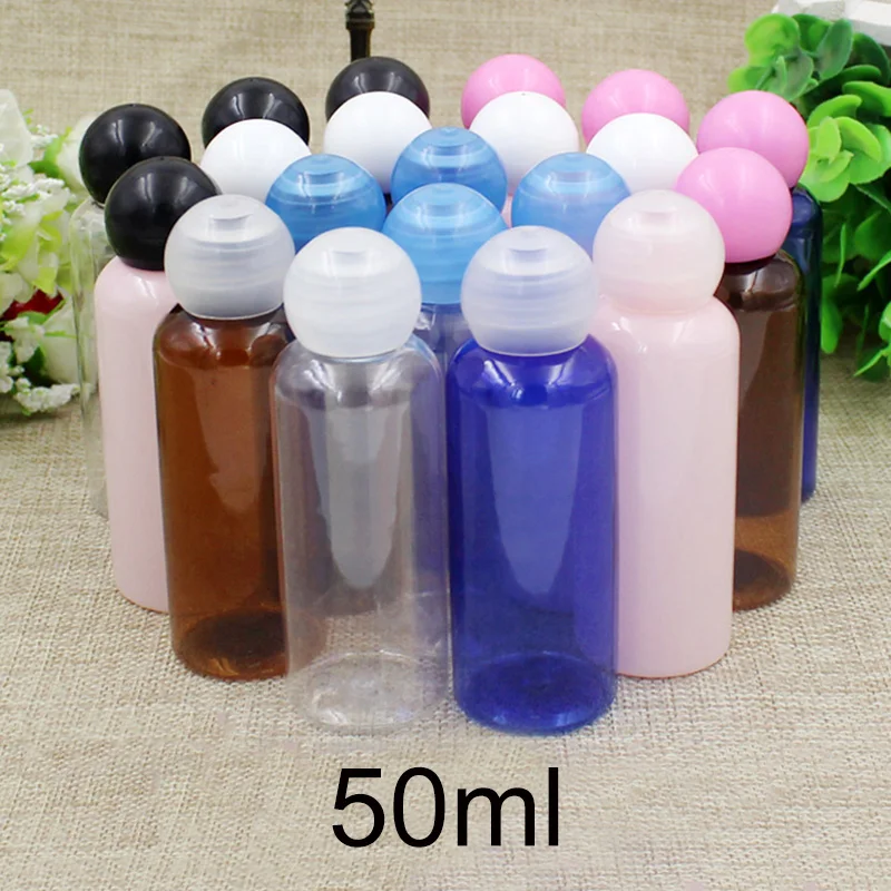 

50ml Plastic Water Drop Bottle with Inner Plug Ball Cap Cosmetic Essential Oil Perfume Package Container Clear Brown Blue Pink