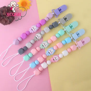 

XCQGH Baby Food Grade Silicone Pacifier Chain Molar Beads Mini Bear Teether Toy Pacifier Anti-lost Chain