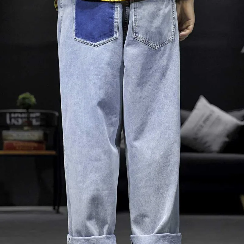 Buy Drawstring Jeans Men's Fashion Washed Solid Color Casual Jean Pants Men Streetwear Wild Loose Hip Hop Denim Trousers Mens M-5XL