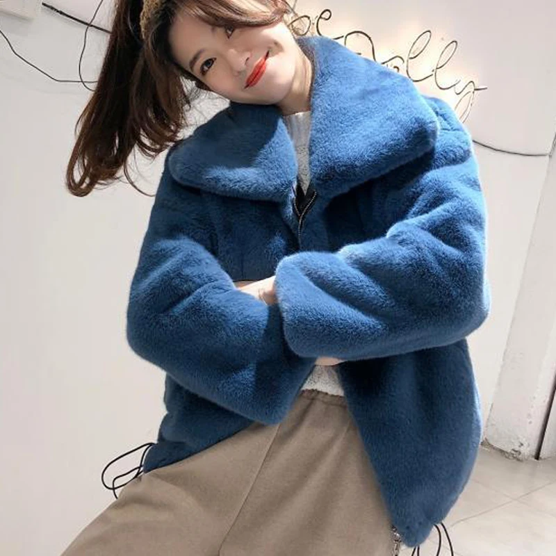 Winter fur coat warm padded short fur Standing collar faux rabbit fur coat plus size