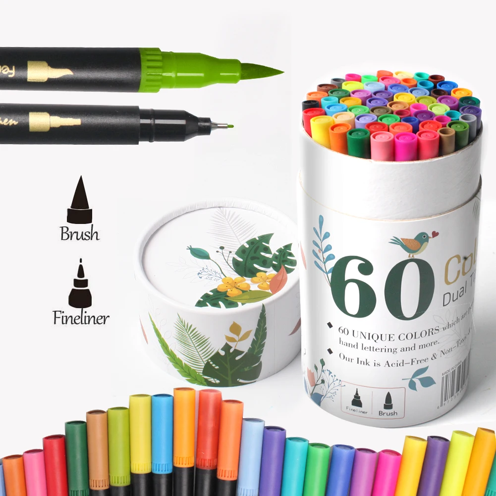 Bullet Journal 60colours 0.4mm Fineliner Watercolor Dual Tip Brush Artist  Marker Pens for Coloring - China Dual Tip Brush Marker, Dual Tip Brush Pen