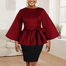 

Women Party Blouses Long Sleeve Peplum Belt Tops Shirts Elegant Fashion Africa Ladies Fall 2021 New Clothes Womens Tops Blouses