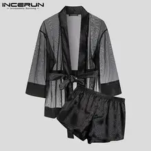 Men Robe Sets Mesh Leopard Patchwork See Through Open Stitch Bathrobes & Shorts Homewear Sexy Mens Nightgown Suits INCERUN S-5XL