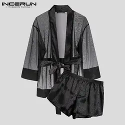 Men Robe Sets Mesh Leopard Patchwork See Through Open Stitch Bathrobes & Shorts Homewear Sexy Mens Nightgown Suits INCERUN S-5XL