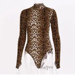 Сексуальный леопардовый комплект для женщин осенняя одежда Водолазка с длинным рукавом обтягивающие боди