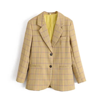 

ZA 2020 Women Fashion Plaid Casual Office Wear Suits Blazer Pockets Coat Jacket Long Sleeve Notched Collar Blazers Ropa Mujer