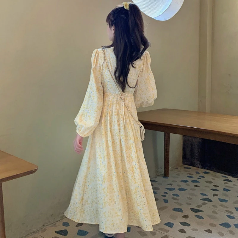 Puff Sleeve Floral Long Dress Womens High Waist Light Yellow Sweet Temperament Plus Size A-Line Leisure Fresh Ulzzang Retro Maxi macys dresses