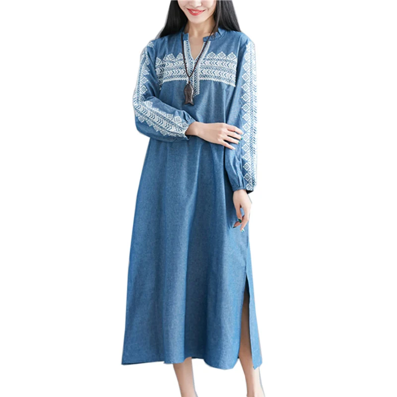

spring folk -custom vintage dress women loose V -neck casually embroidered belt denim dress fashion long plus size dress YM414