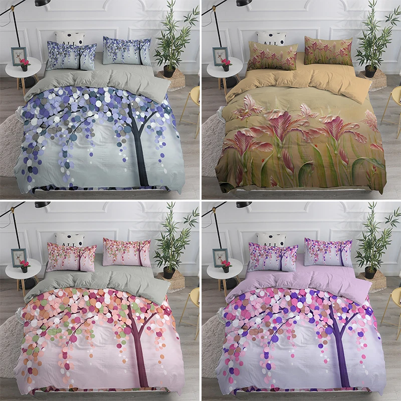 

3D Digital Printing Bedding Set With Pillowcase Luxury Microfiber Water Lotus Tulip Flower Trees Case For Nordic 150 Bedclothes