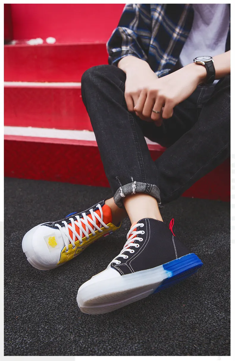 New Non-slip Transparent Rubber Sole Men Canvas Skateboard Shoes Espadrilles Yellow High top Men Canvas Sneakers zapatillas lona