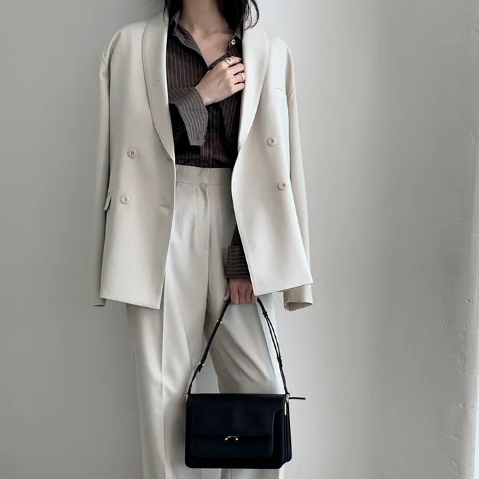 Elegant Women Pant Suits Double-breasted Blazer Jacket  High Waist Pants  2 Pieces-set Office Lady Style Work Suits