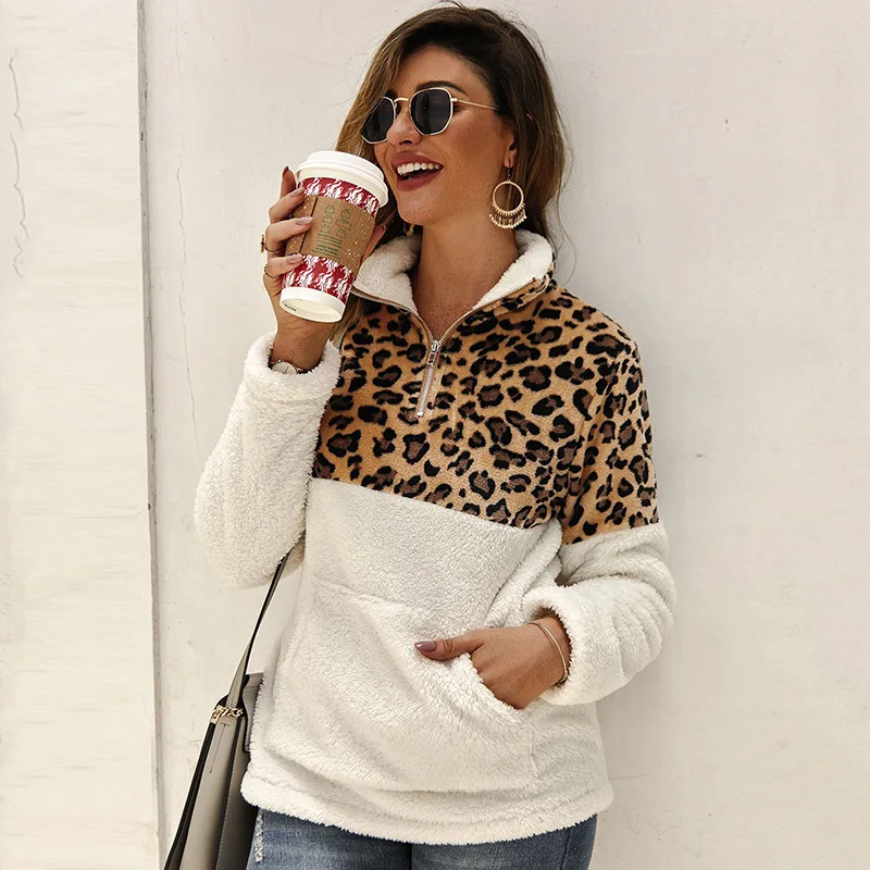 

2019 Sweatshirt Women Long Sleeve Zipper Turtleneck Leopard Patchwork Warm Hoodie Women 2019 Fluffy Autumn Winter Pullover Coat