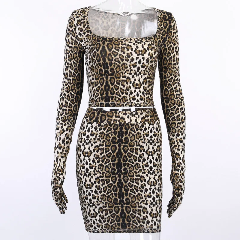 Hugcitar leopard print long sleeve with gloves sexy crop top skirt 2 pieces set autumn winter women streetwear outfits