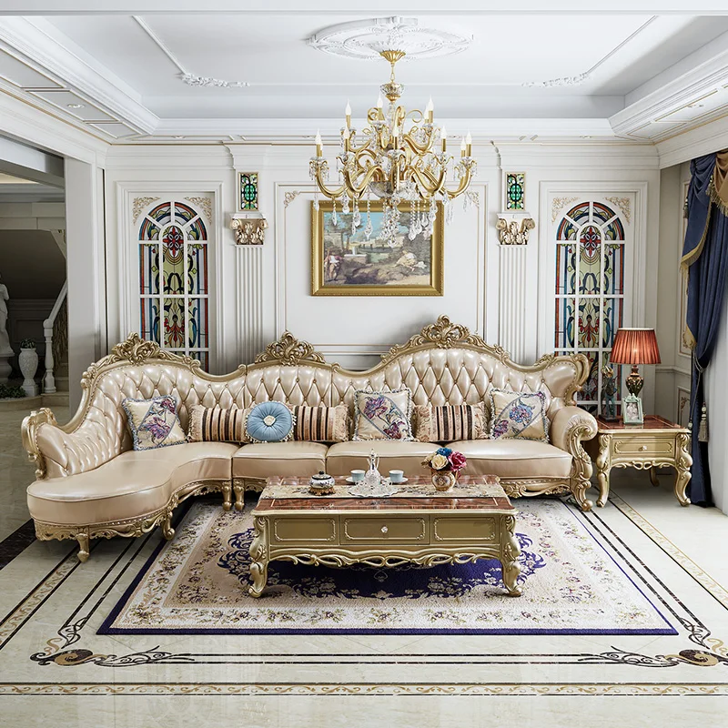 Luxury European style sofa champagne gold living room leather French