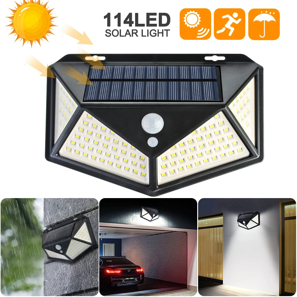 100/114 LED Four-Sided Solar Power Light 3 Modes 270 Degree Angle Motion Sensor Lamp Outdoor Waterproof Garden Lamps