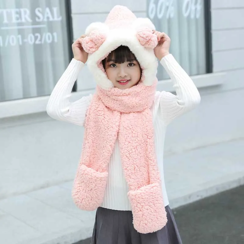 light pink-kid Осенне-зимний шарф с капюшоном для родителей и ребенка наборы перчаток модные детские милые теплые бархатная шапочка для взрослых костюм для мамы и девочки - Цвет: light pink-kid