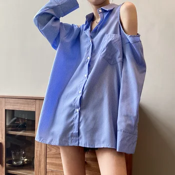 

Sexy Off Shoulder Long Sleeve Shirts 2020 New Korean Fashion Clothing Casual Stripe Loose Ladies Tops Women Blouses Streetwear
