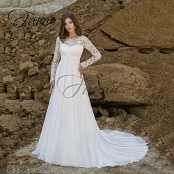O-Neck Lace Appliques A-Line Wedding Dresses Chiffon Long Sleeve Sweep Train See-Through Bridal Gown свадебное платье vestidos