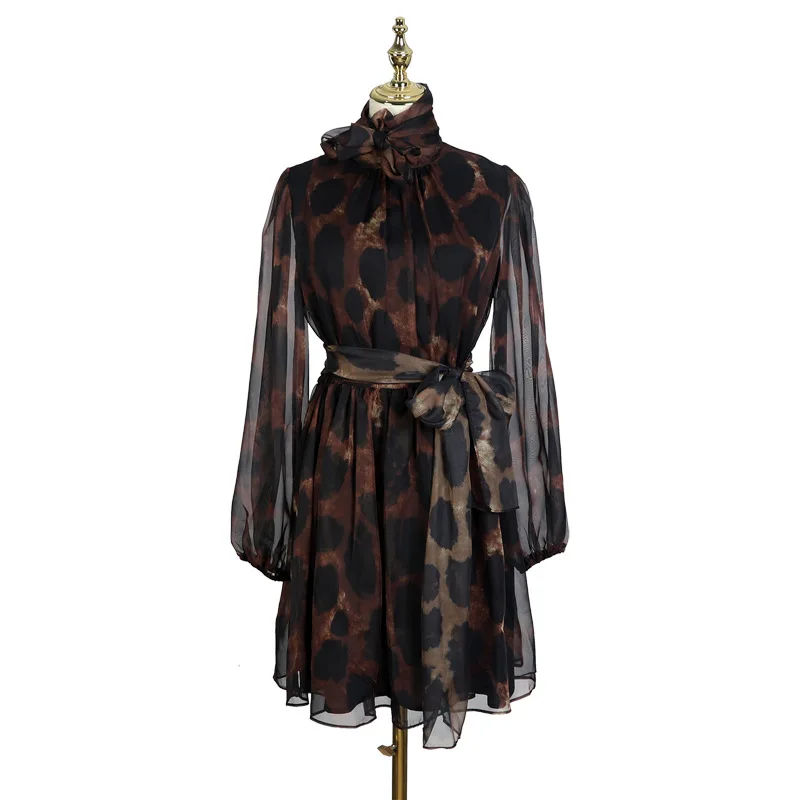 

Runway Vintage Elegant Bow High Waist Irregular Mini Leopard Print Dress Bow Neck Party Beach Dresses Women 2019 Autumn New