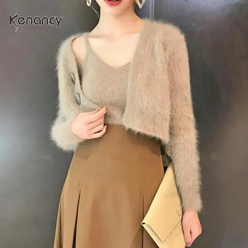 Kenancy мягкий мохер мех женский Повседневный свитер 2 шт костюмы с жилетом и длинным рукавом кардиганы Свободные повседневные топы джемперы Новинка