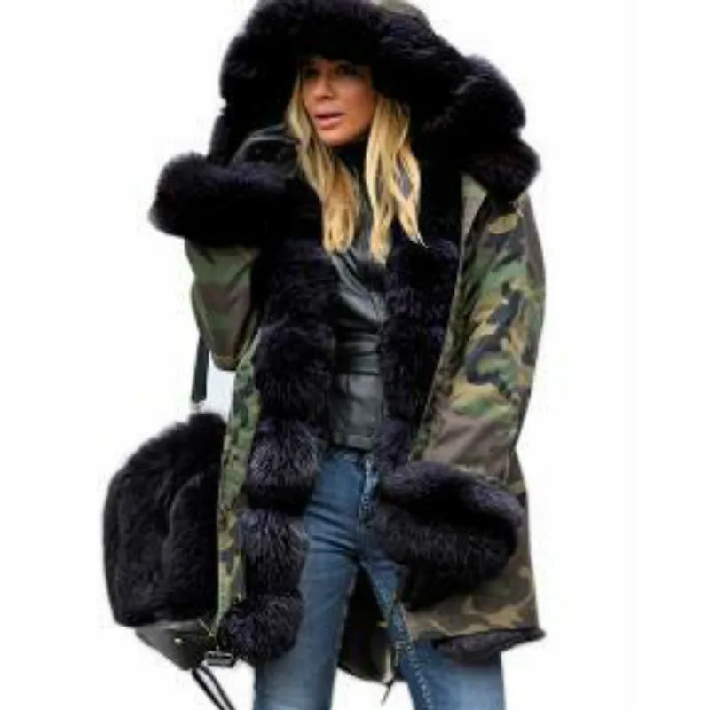 Женская зимняя куртка размера плюс, пальто с капюшоном, хлопковое пальто, Женское пальто с искусственным мехом, теплая парка, Женская Толстая Меховая куртка в стиле милитари