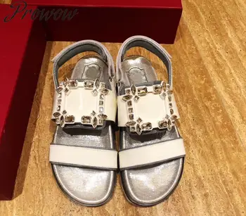 

Prowow New Black Silver Genune Leather Crystal Beadng Summer Sandals Open Toe Runway Flashion Flats Sandals Shoes Women