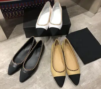

2020 New Mixed Colors Women's Shoes Genuine Leather Flats Shoes Pointed Toe Slip on Shoes For Woman Fashion Chain Casual Flats