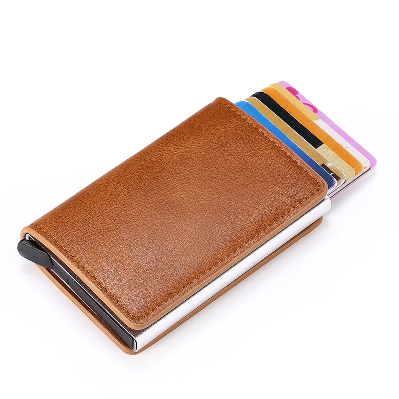 BISI GORO Тонкий RFID кошелек Бизнес-держатель для карт на застежке алюминиевый кошелек для кредитных карт Металлический Мини Смарт-кошелек для мужчин - Цвет: Brown K9109