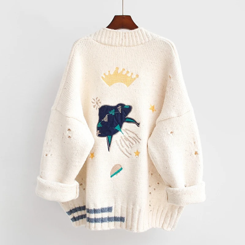 

Cartoon Embroidery Oversize Cardigans Women Harajuku Loose V Neck Sweaters Jacket Female Knitted Cardigan Mujer 2020 Winter Tops