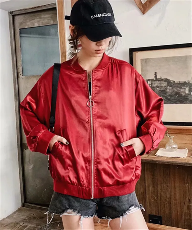 

2019 Autumn And Winter New Style WOMEN'S Dress Back Embroidered Baseball Uniform Coat in Collar Zipper Satin Jacket