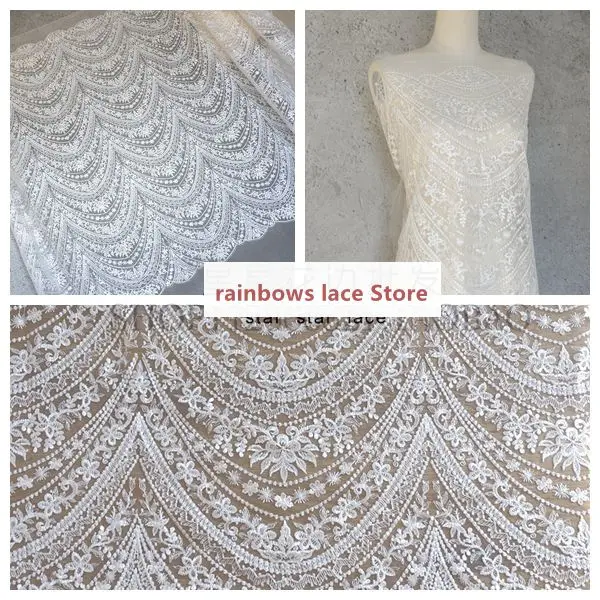 

2 meters Luxury quality New fashion white sparkling sequines on netting embroidery lace fabric for wedding dress lace fabric