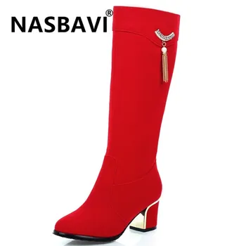 

2019 new Boots High-heeled Boots Winter Thick With Antiskid Women Winter Long boot Black Red Leather Thigh High Knee High boots