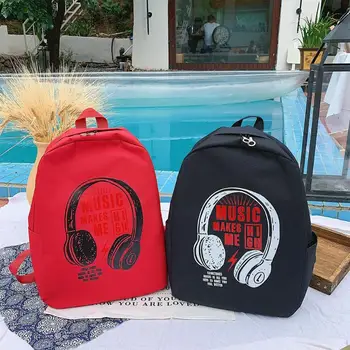 

Headphone Letter Print Travel Backpacks Women Men School Bags Casual Canvas Knapsack Large Capacity Satchel Rucksack Hot