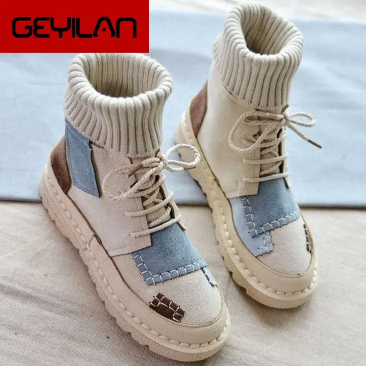 

YIBING1517 Spring and winter explosions suede canvas color matching wild high-top boots women shoes Size 35-41Botas Mujer
