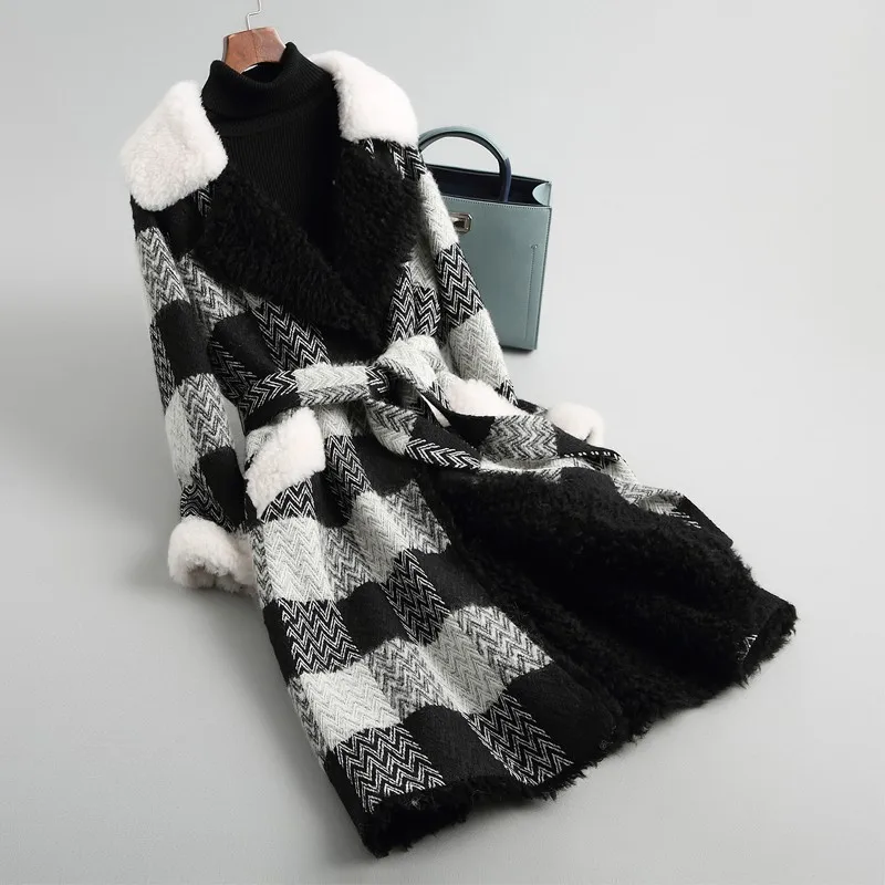 black white plaid Зимние элегантные женские шерстяные пальто средней длины с кулиской на талии и флисовой подкладкой, толстые теплые офисные женские клетчатые твидовые пальто - Цвет: black white plaid