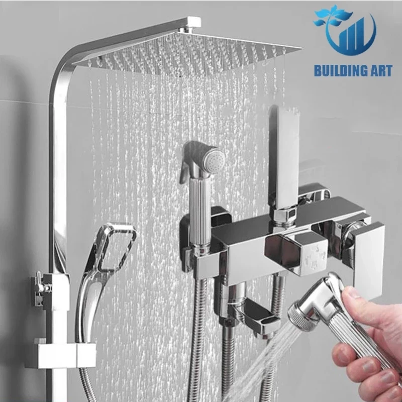 Black/Chrome Brass Rain Shower Faucet Set，Bathroom Faucet Set,Bidet Rotatble Spout Faucet,Hot Cold Mixer Crane