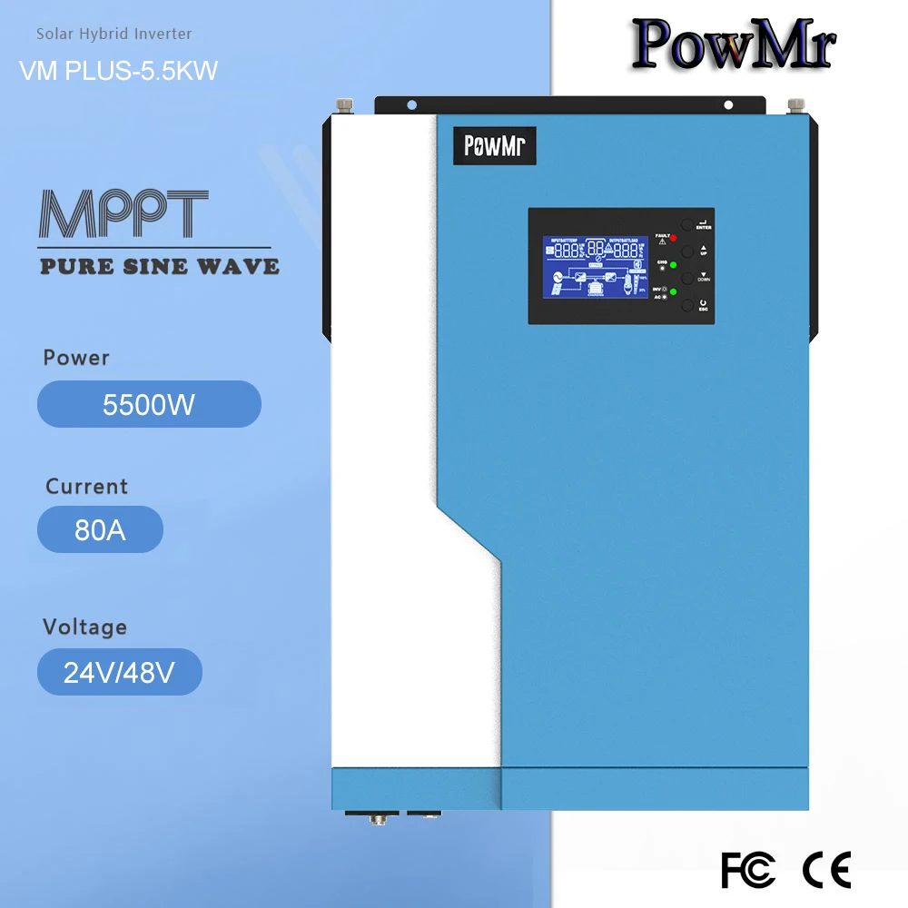 

PowMr 5500W MPPT 100A hybrid inverter Pure Sine Wave 48V 11000VA 220V-240V 50Hz 60Hz Auto Priority Setting With Wifi modle