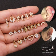 1 шт., нержавеющая сталь, цветок, луна, звезда, CZ болтаются, пирсинг, ювелирные изделия, стальная штанга, серьги, спиральный для хряща, шпильки