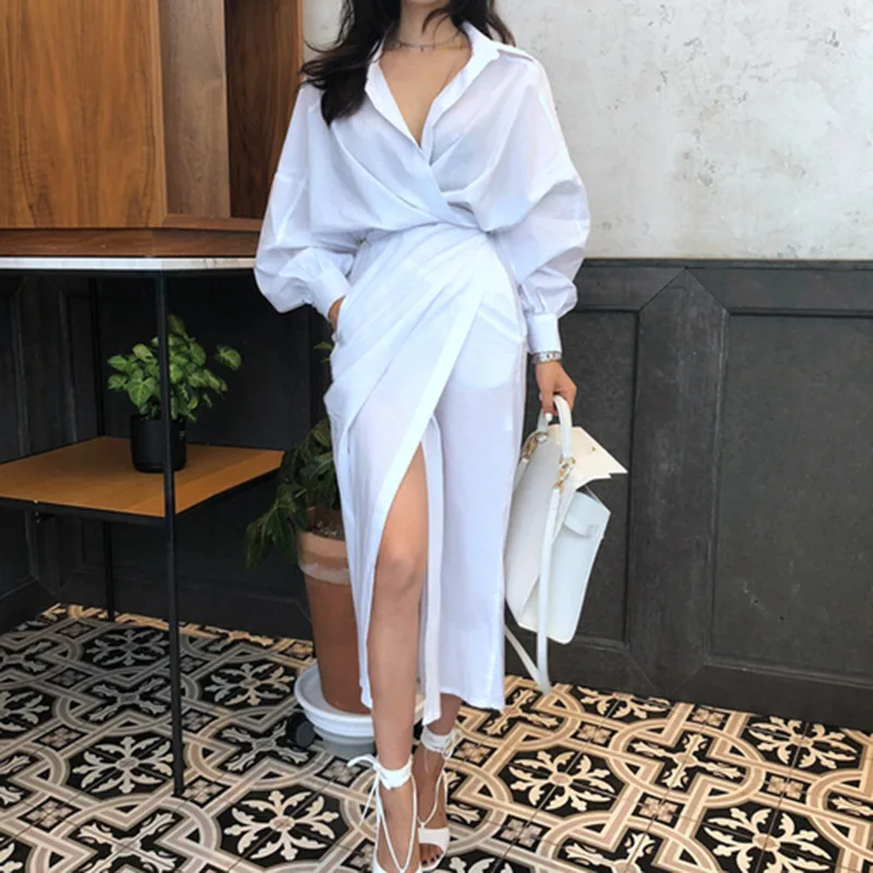 

2019 Fashion Shirt Dress OL Commuting Irregular Tie-up Solid Color Temperament Black Shirt Dress Puff Sleeve Clothes Shirt Women