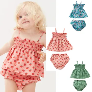 

2020 oeuf Outfit summer Baby Girl Clothes Sets Lovely Pattern Tomato peaches plaid Print Toddler Girl Sling Blouse Bloomer Sets