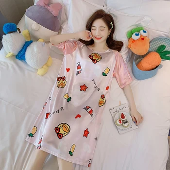 

Cartoon Women Sleepshirt Summer Short Sleeve Nightdress Ice Silk Loose Casual Homewear Silk Broadcloth Outerwear Nightgown S179