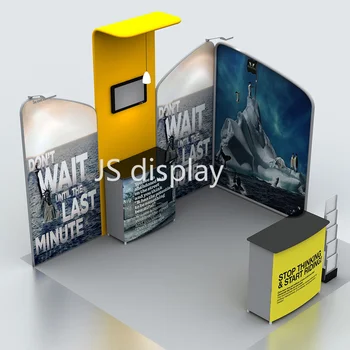 Best 10ft Tension Fabric Trade Show Display Booth Exhibition System With TV Bracket Counter Lights Pop Up Stand Back Wall