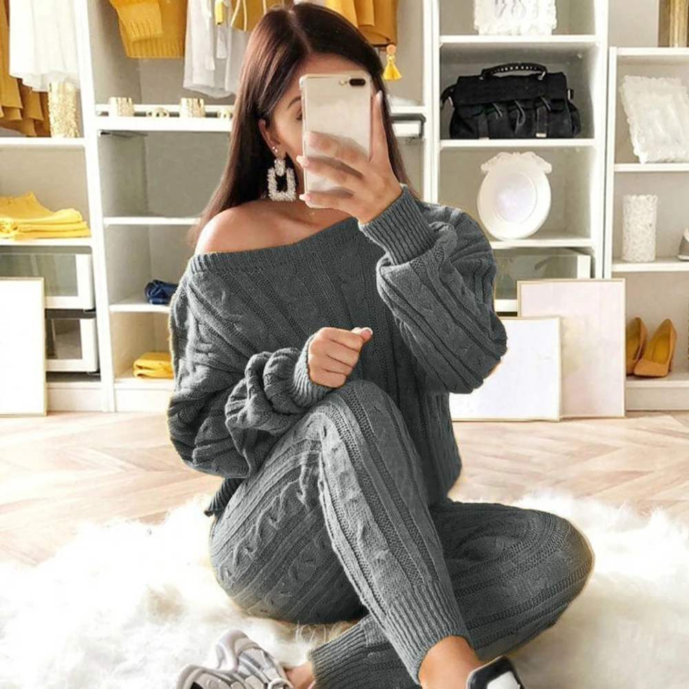 

Puimentiua Women Knitted Set 2 Piec Sexy Off Shoulder Long Sleeve Sweater Pullover And Pants Femme Jumpsuit Solid Set Mujer