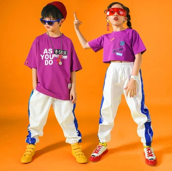 

Girls Boys Loose Modern Jazz Dance Outfits Tops Pants Ballroom Hip Hop Dancing Suit kids Summer Stage wear rose red Costumes